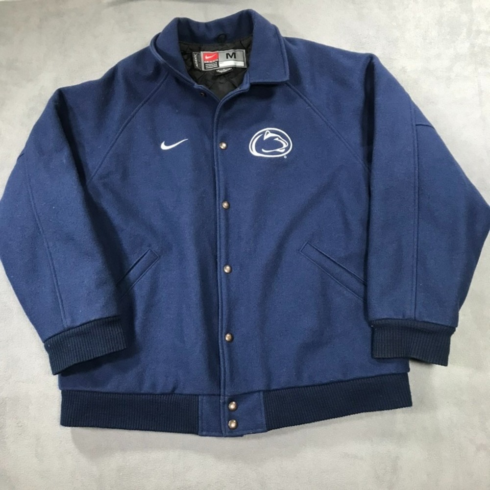 Vintage Nike Penn State Wool Bomber Varsity Jacket Men's Medium Blue Quilt Lined